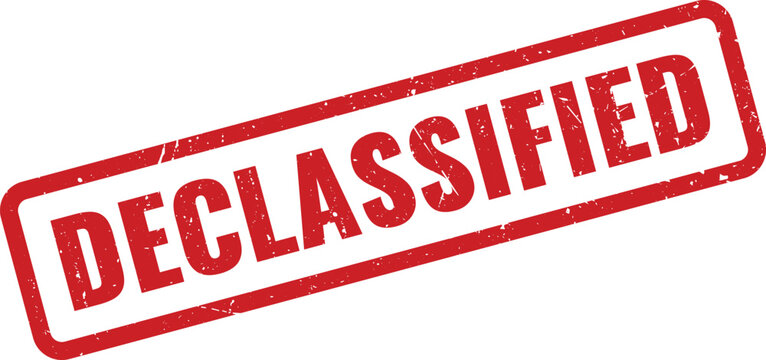 Red grunge rubber stamp impression showing the word declassified in clear bold capital block letters
