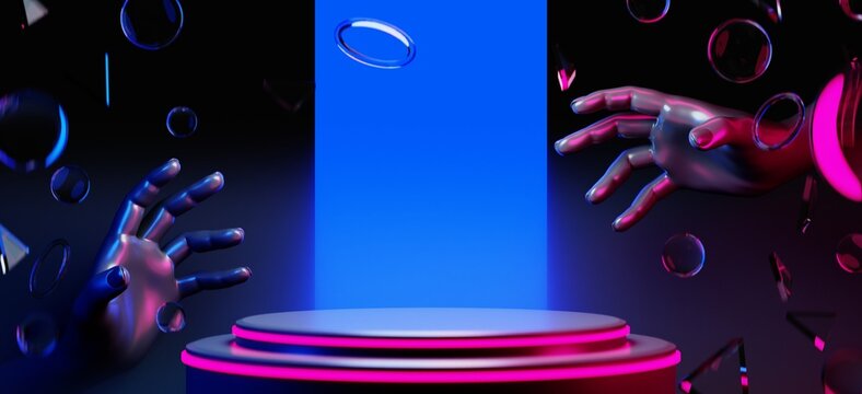 3d illustration rendering of y2k 2000s hand arm gaming technology futuristic fantasy metaverse cyberpunk sci-fi display podium pedestal stage room abstract background in neon-glow
