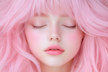 Fototapeta premium Pastel pink hair portrait, Young woman with closed eyes, Soft feminine beauty, Minimal blush background, Dreamy skincare aesthetic, Delicate facial features, Romantic fashion concept, Clean close up