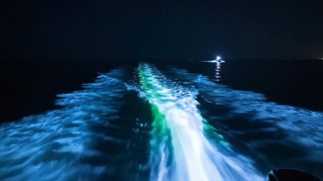 Boat moving across ocean at night creating a glowing wake