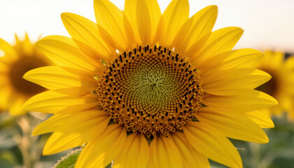 Fototapeta premium A sunflower stands tall against a backdrop of more sunflowers. The vibrant yellow petals of the sunflower capture the sunlight beautifully.