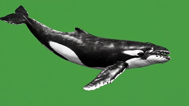 Black and white orca swimming right.