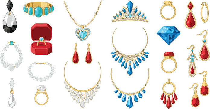 Luxury Jewelry Icon Set Featuring Rings, Necklaces, Earrings, and Gems for Fashion, Accessories, and Elegant Designs