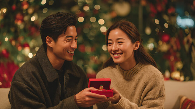 Couple smiling and exchanging a small gift box during festive holiday celebration