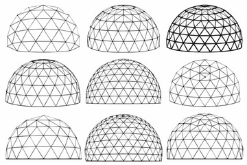 Nine geodesic domes in varying densities of triangular patterns © Parash
