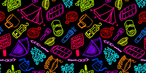 Naklejka premium neon camping seamless pattern with colorful hand drawn outdoor icons on black background vibrant adventure equipment doodle