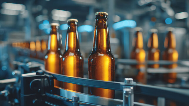 Beer bottles in brewery crate on industrial production line with blurred background