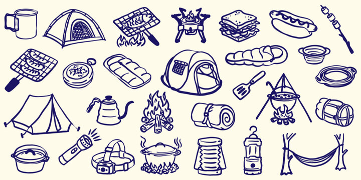 hand drawn camping doodle set with outdoor equipment icons including tent campfire sleeping bag compass lantern and tourist food