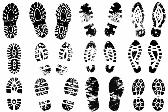 Collection of diverse black footprints on a clean white background
