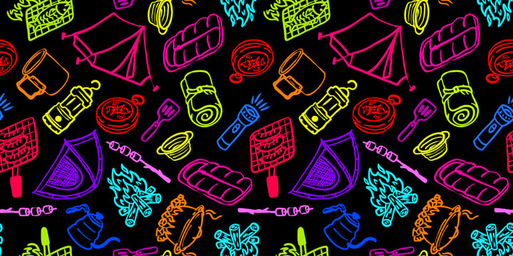 neon camping seamless pattern with colorful hand drawn outdoor icons on black background vibrant adventure equipment doodle