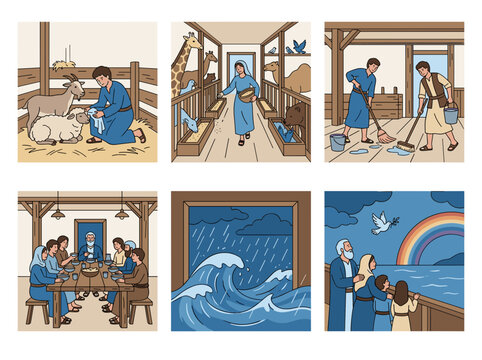 Noah's Ark bible story illustration set: family life and animal care scenes, flat style