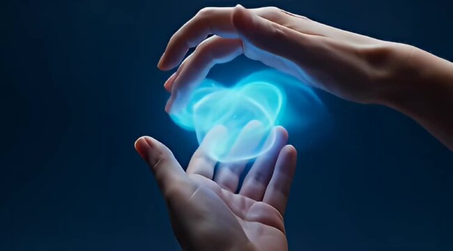 Mystical hands manipulating glowing orb of electric blue energy on dark backdrop