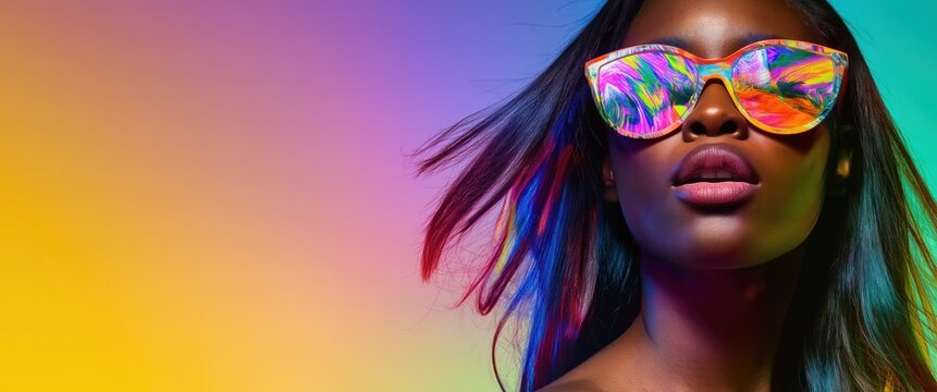 Young beautiful tuvian woman with long hair wearing futuristic colorful sunglasses posing over gradient neon background with dramatic lighting and expressive face Concept of creative fashion
