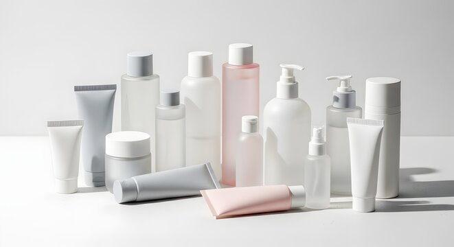 Assorted skincare products with bottles and tubes on white background