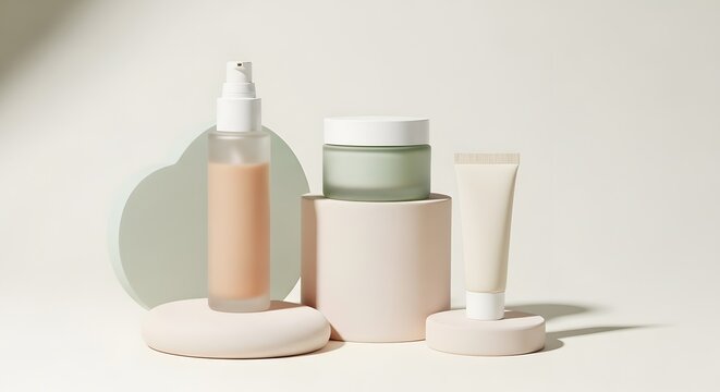 Minimal skincare set on soft pink and green podiums
