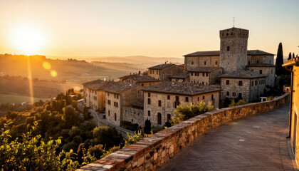 Fototapeta premium The view showcases a historic village at sunrise, with buildings and a tower present in the scene. The surrounding landscape features gentle hills and greenery near the village.