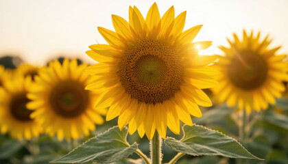 Obraz premium bright sunflowers in a field, with the sun shining behind them. These sunflowers display vibrant yellow petals and a rich brown center.