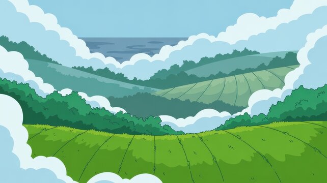 A vibrant cartoon illustration depicting rolling green hills and clouds in a serene landscape scene