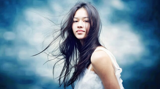 Young samoan woman with long dark hair standing outdoors with wind and dramatic cloudy sky background cinematic web banner style Concept of strength