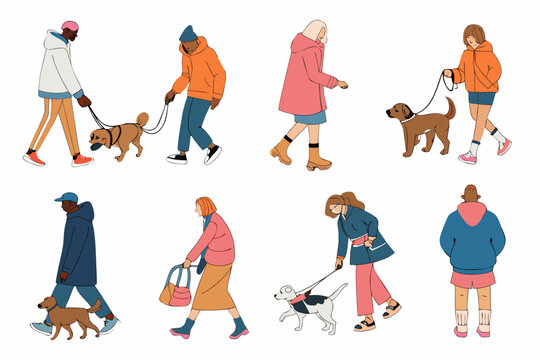 Diverse group of people walking their dogs in a minimalist style