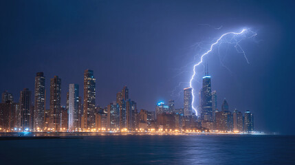 Obraz premium Lightning over illuminated city skyline at night along river