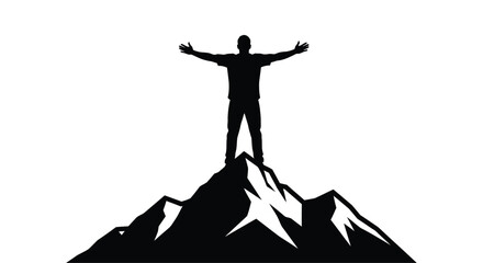 A man stands triumphantly with arms outstretched atop a mountain silhouette © Mithon