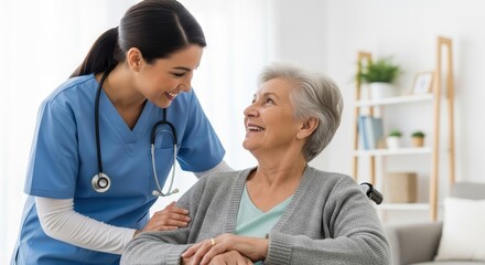 Obraz premium smiling hispanic nurse caring for senior caucasian woman in wheelchair at home. medical support and elderly care concept. print design, website banner with copy space.
