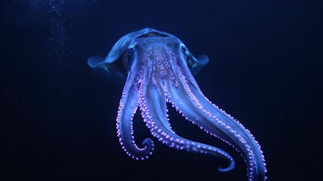 An Octopus Swimming Elegantly Underwater in Dark Blue Ocean