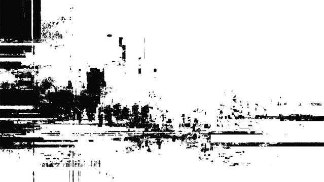 Glitchy distorted digital noise pattern with black pixels on white background error corrupted screen malfunction