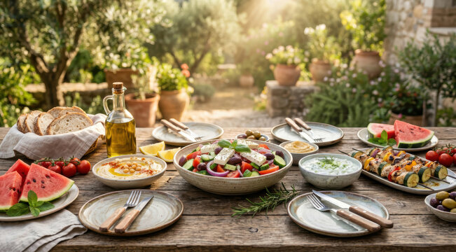 Tavola imbandita all'aperto con piatti tipici mediterranei. Generative AI 
