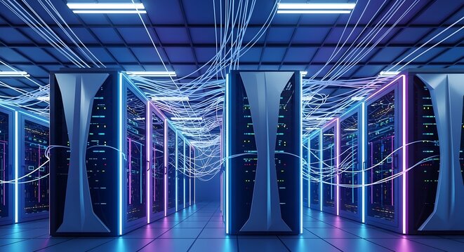 Futuristic Data Center with Glowing Server Racks and Interconnected Network Cables Representing Big Data, Cloud Computing, and AI Technology