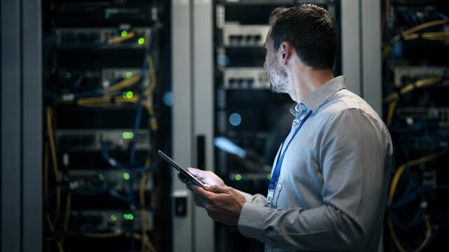 Focused medium shot capturing IT specialist monitoring data encryption protocols on a tablet in a server room with racks and cables softly blurred.