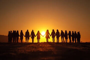 Fototapeta premium Silhouetted diverse group joining hands in unity against a sunset sky