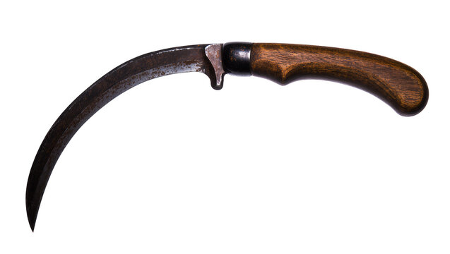 Curved antique karambit knife with dark wood handle, isolated on transparent background