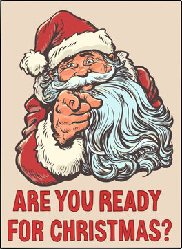 Pop Art Retro Santa Claus points. Santa Claus is happy about the coming New Year. Special offers for customers during the holidays.
