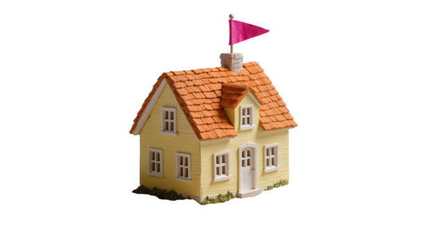 Small yellow toy house with orange tiled roof and pink flag, isolated on transparent background