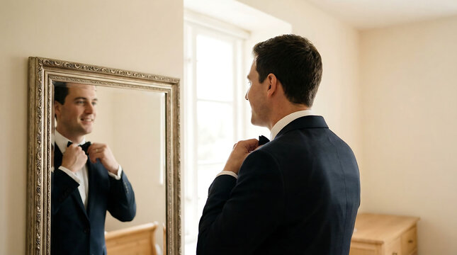 Male groom adjusting bow tie while looking in ornate mirror, dressed in formal suit, with natural light illuminating a simple room interior