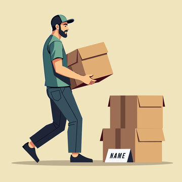 A bearded delivery man in a green cap and shirt carries a cardboard box toward a stack of packages on a light background. This scene depicts professional logistics and shipping services.