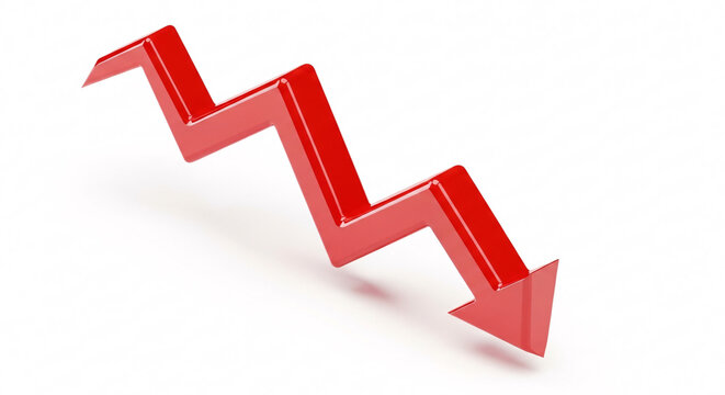 Red Zigzag Arrow Pointing Downward on White Background Reflecting Financial Decline and Economic Downturn with Clean Lines and Sharp Angles