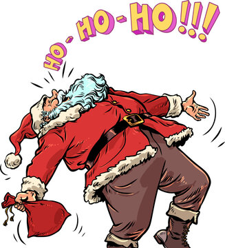 Pop Art Retro Santa Claus is laughing. New Year and Christmas are approaching with Santa Claus. Discounts on New Year's holidays and gifts.
