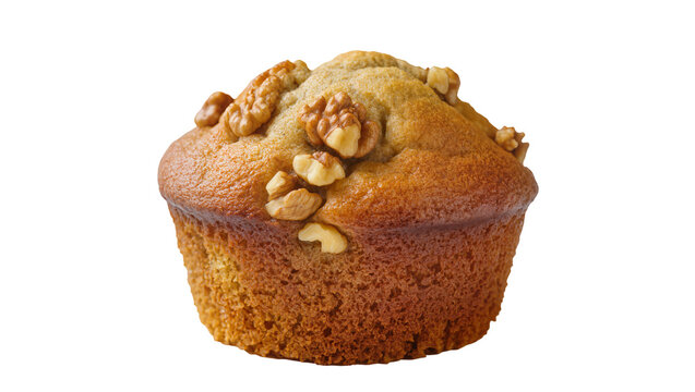 Golden brown banana nut muffin topped with walnuts, isolated on transparent background