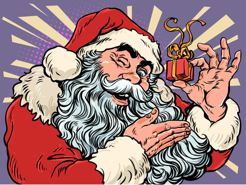 Pop Art Retro Santa Claus showing off a gift. New Year and Christmas are approaching with Santa Claus. Discounts on New Year's holidays and gifts.