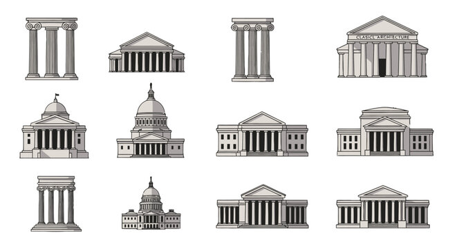 Collection of architectural building facades and columns.