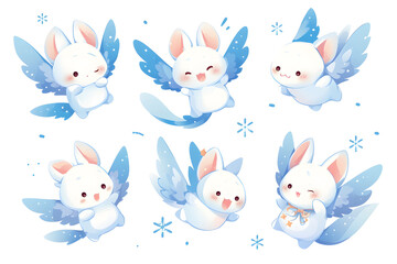 Fototapeta premium 青い翼を持つ可愛い白い精霊のちびキャラステッカーシート。ファンタジーな動物のキャラクターセット