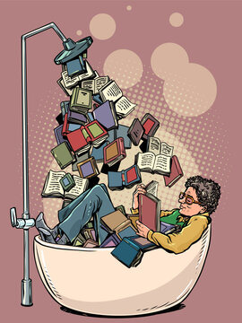 Pop Art Retro A person is awash in books. A wide range of books and knowledge. A student learns new things.