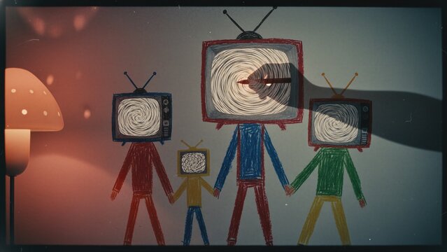 Drawing of a family with television heads on a wall as a symbol of mind control and mass media manipulation. Psychological influence and indoctrination through screen technology.
