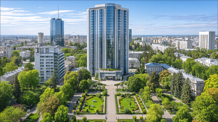 Fototapeta premium Aerial city view of modern business district with office towers and gardens