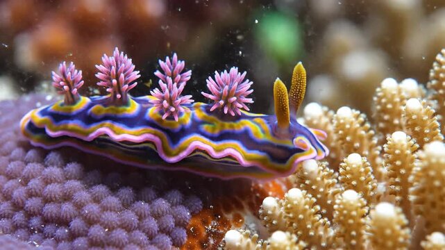 Colorful nudibranch sea slug on coral reef underwater