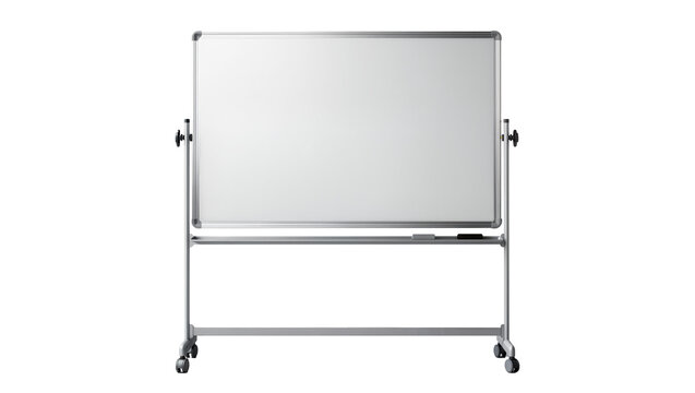 Double-sided rolling whiteboard with metal frame and tray, isolated on transparent background