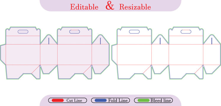 Packaging box die cut template with cut, fold, and bleed lines